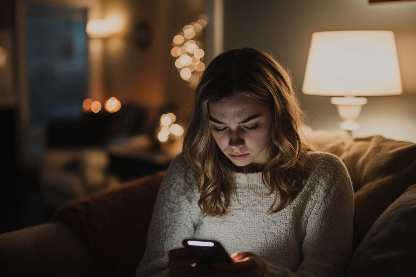 Une femme lisant des messages sur son téléphone | Source : Midjourney