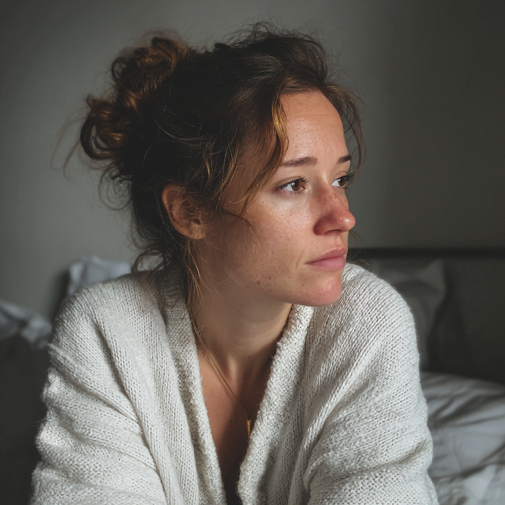 A concerned woman with a messy bun | Source: Midjourney