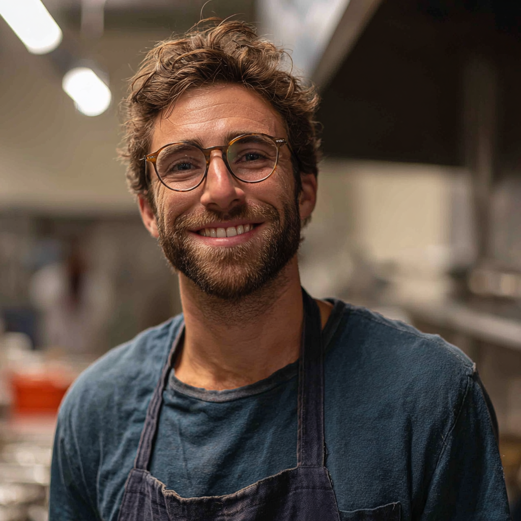 A smiling man wearing an apron | Source: Midjourney