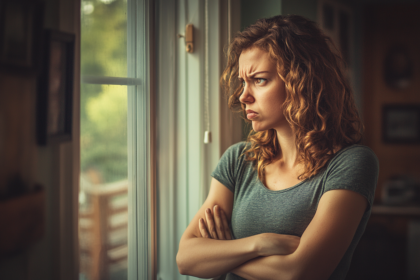 Woman with arms crossed angrily staring out a window | Source: Midjourney