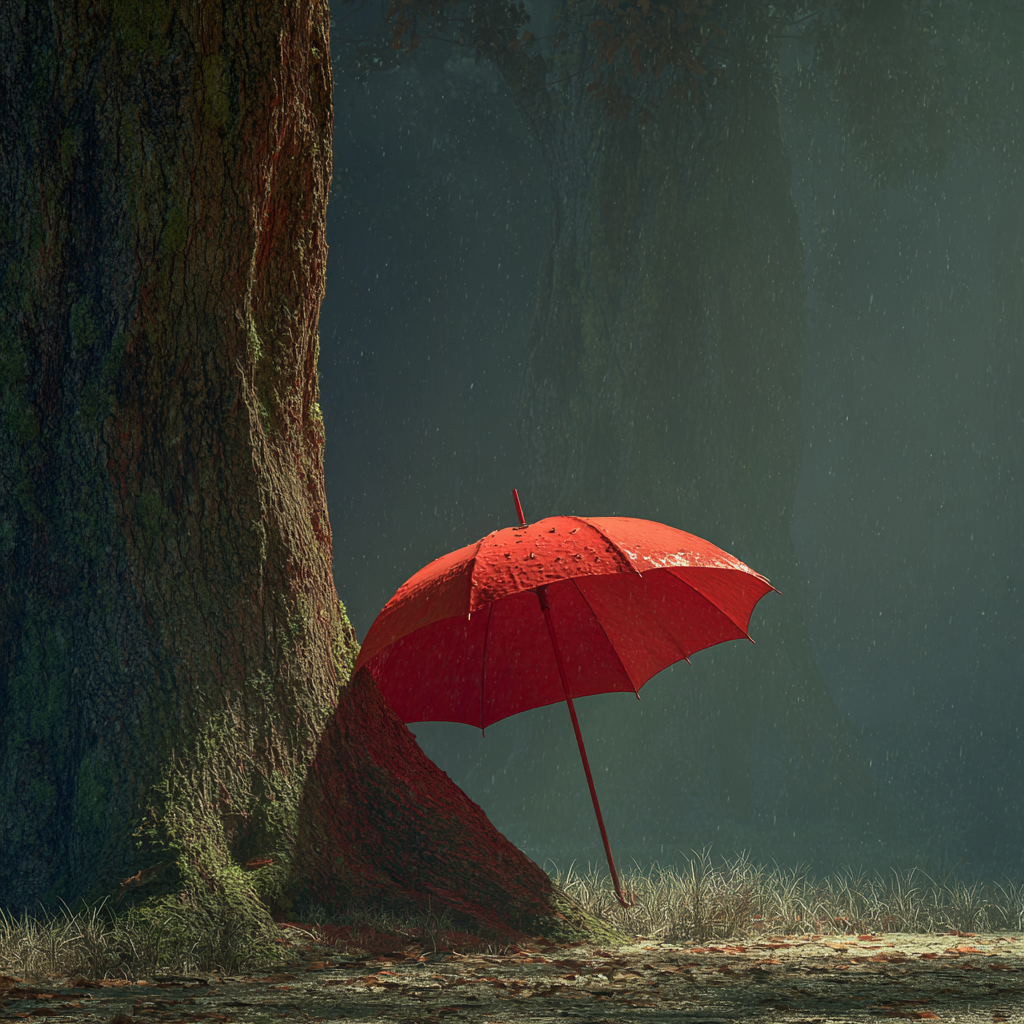A red umbrella under a tree | Source: Midjourney