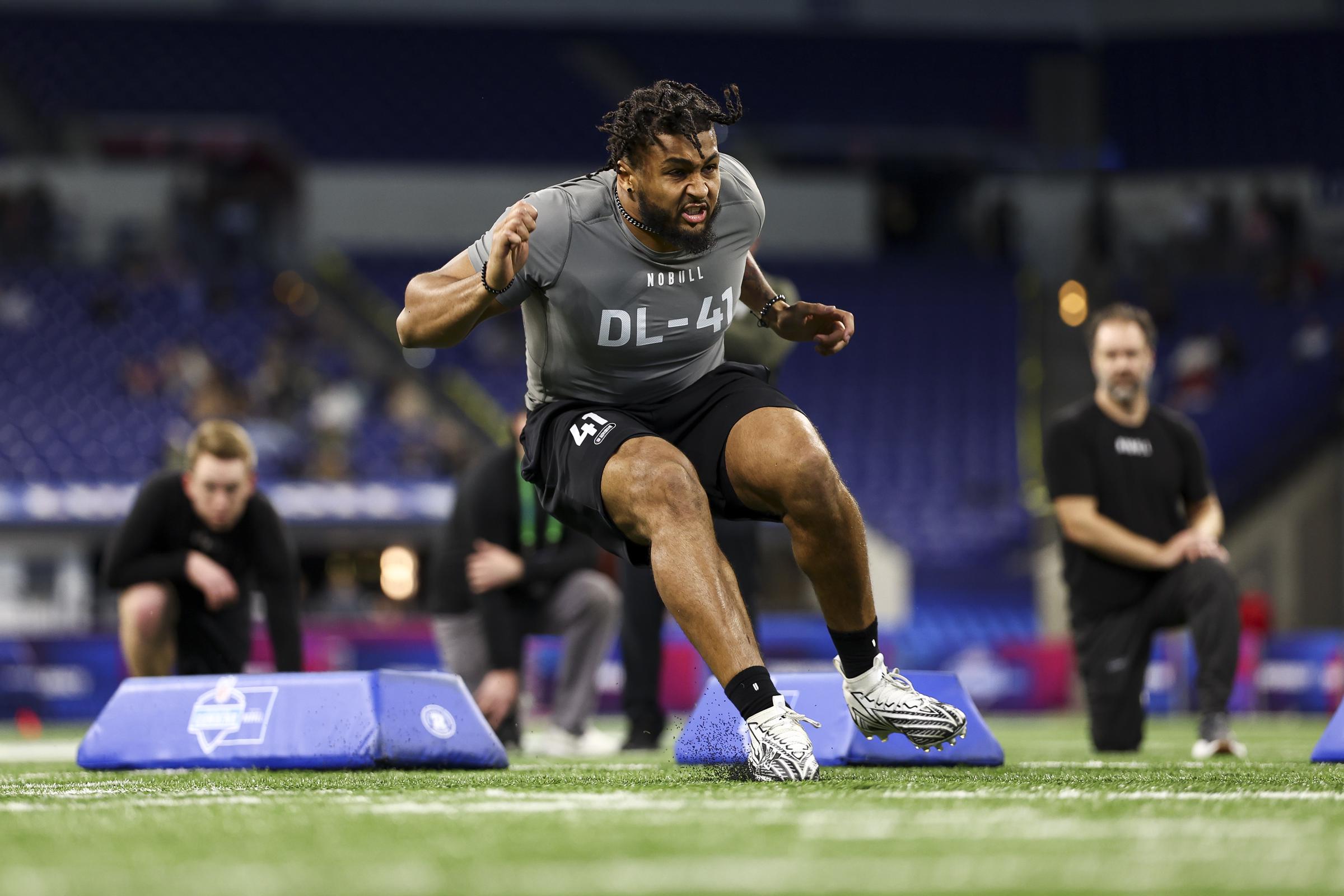 Marshawn Kneeland, #DL41 of Western Michigan, participates in a drill during the NFL Combine at Lucas Oil Stadium on February 29, 2024, in Indianapolis, Indiana. | Source: Getty Images