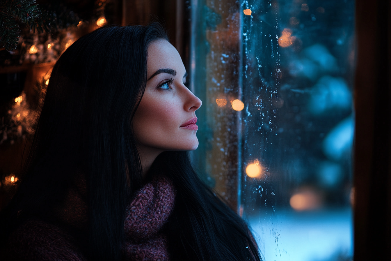 A woman gazes out a window at a snowy yard | Source: Midjourney