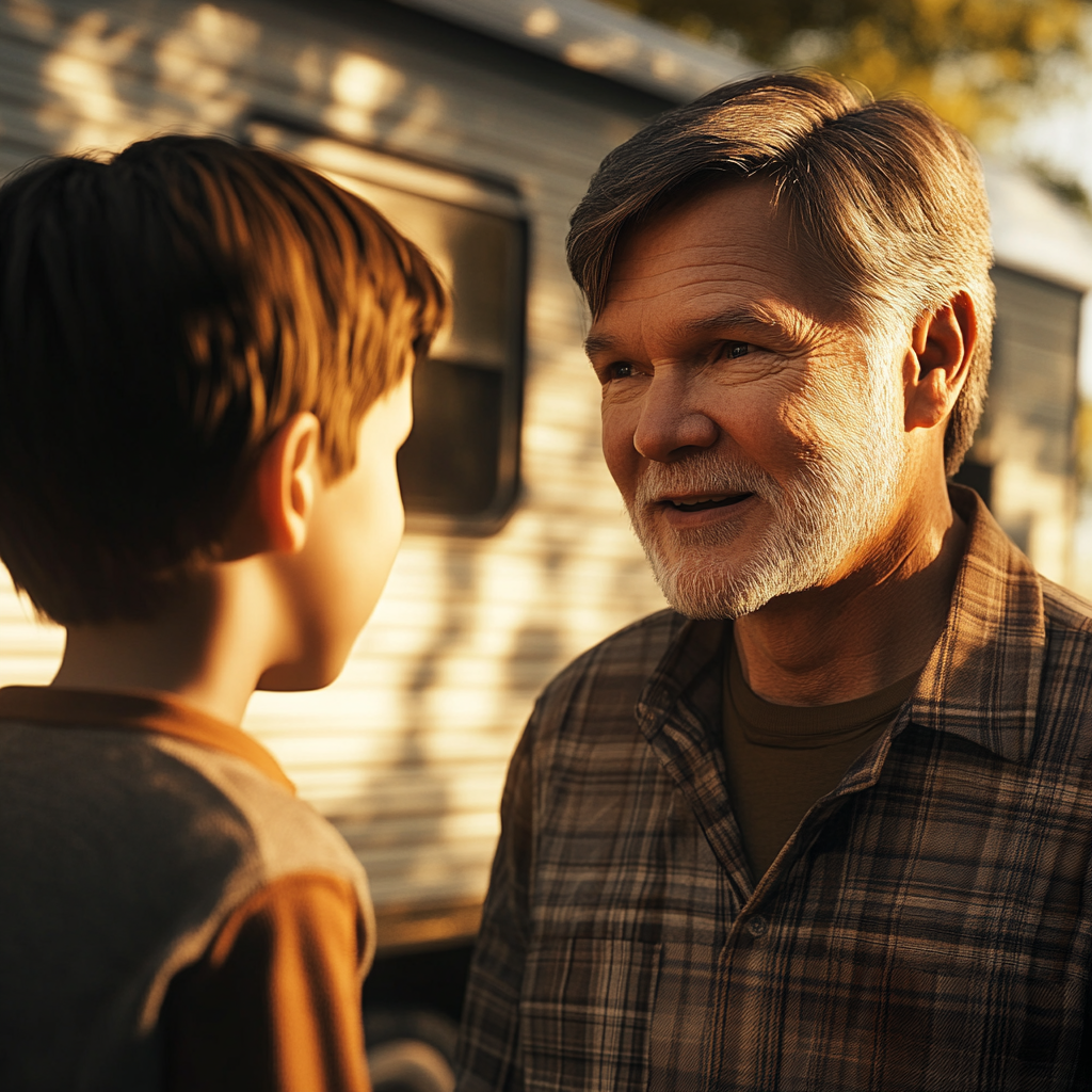 A man talking to his grandson outside his trailer | Source: Midjourney