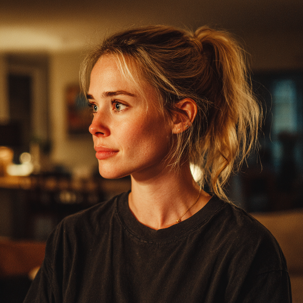 An emotional woman standing in a living room | Source: Midjourney