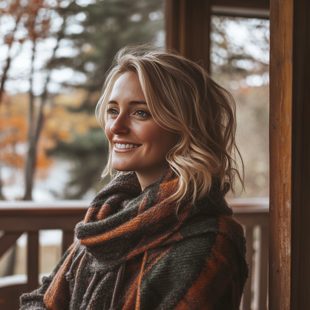 A smiling blonde woman on her porch ⏐ Source: Midjourney