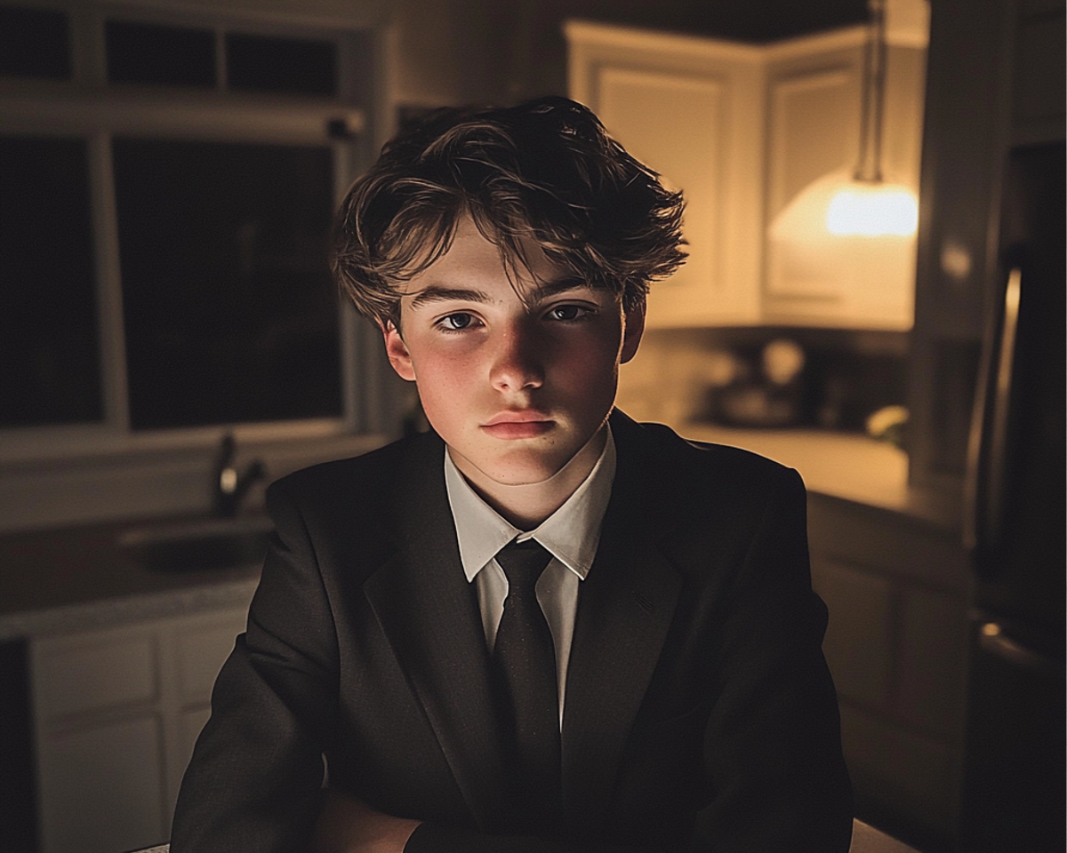 A teenage boy sitting at a kitchen counter | Source: Midjourney