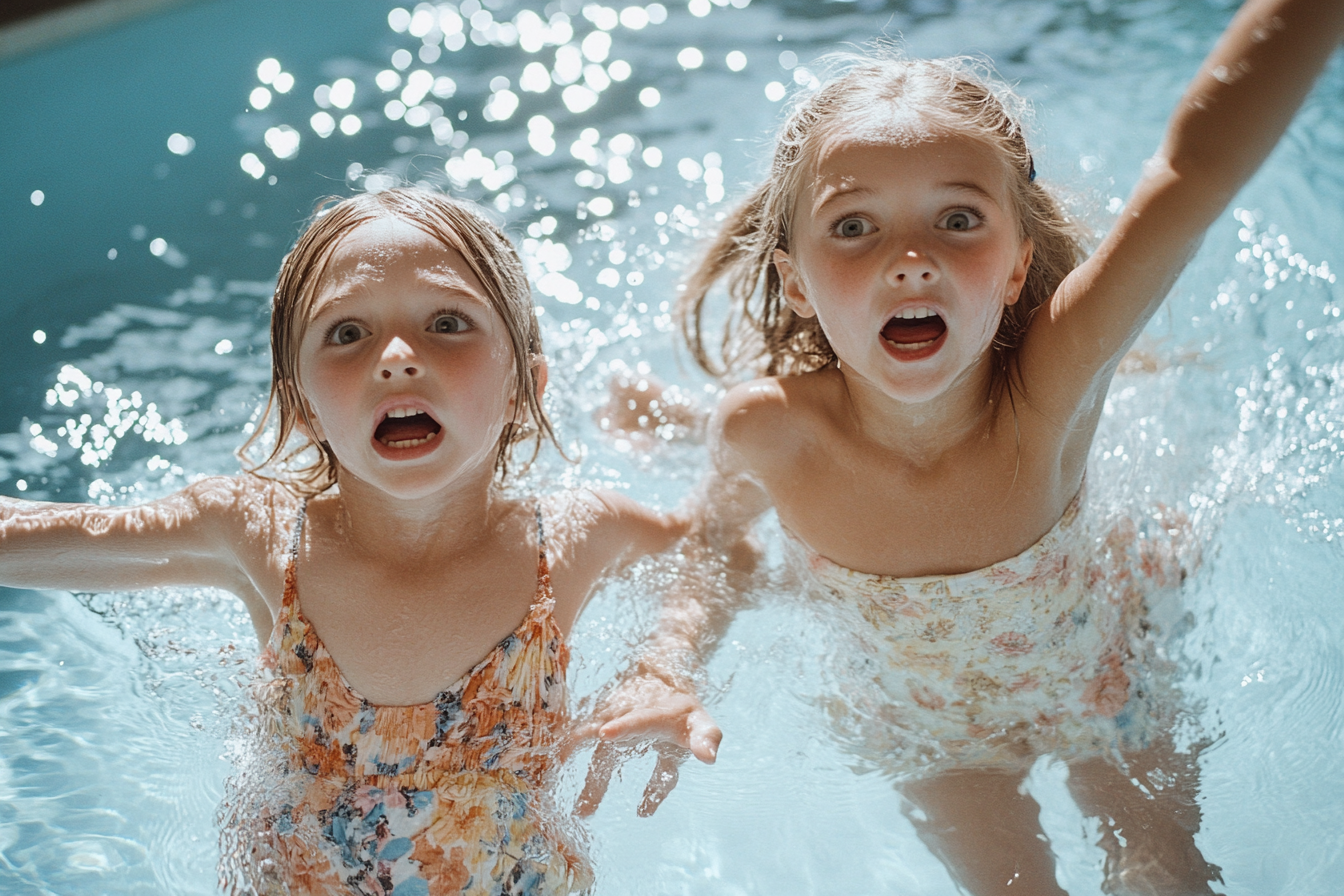 Des enfants aux expressions choquantes perdent l'équilibre et tombent dans une piscine, les bras battant l'air. | Source : Midjourney