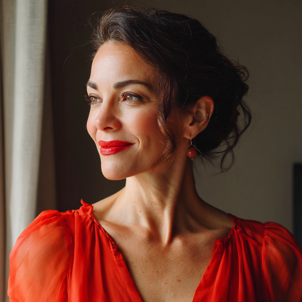 A smiling woman wearing a red dress | Source: Midjourney