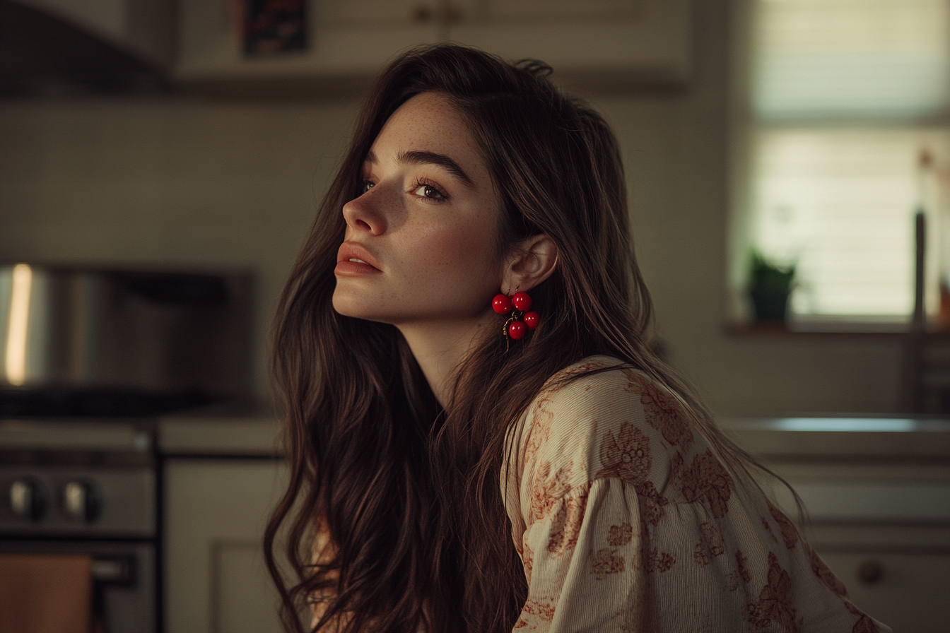 A woman in her 20s looking thoughtful and worried in the kitchen | Source: Midjourney