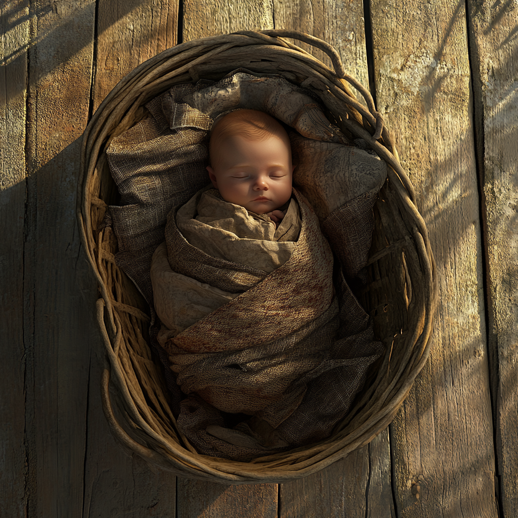 A baby wrapped in blankets in a basket | Source: Midjourney