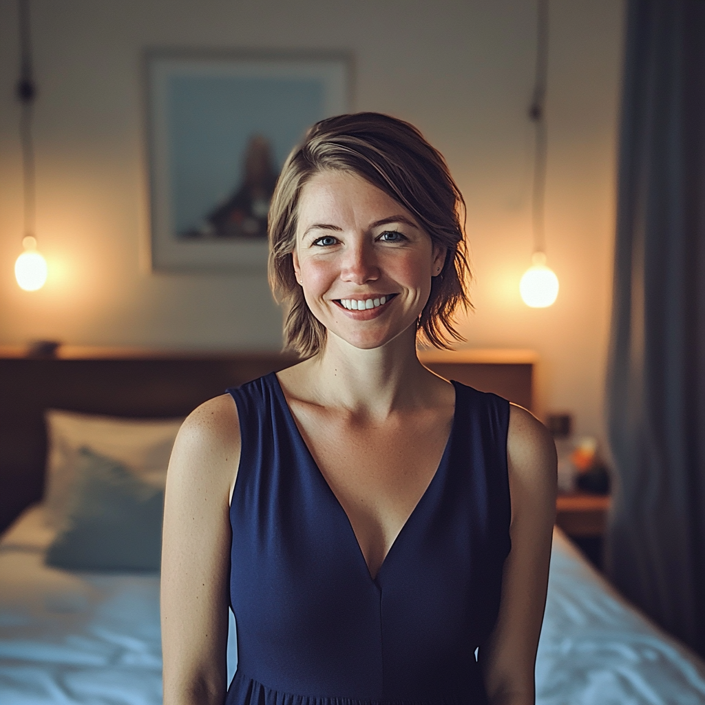 A smiling young woman standing in a bedroom | Source: Midjourney