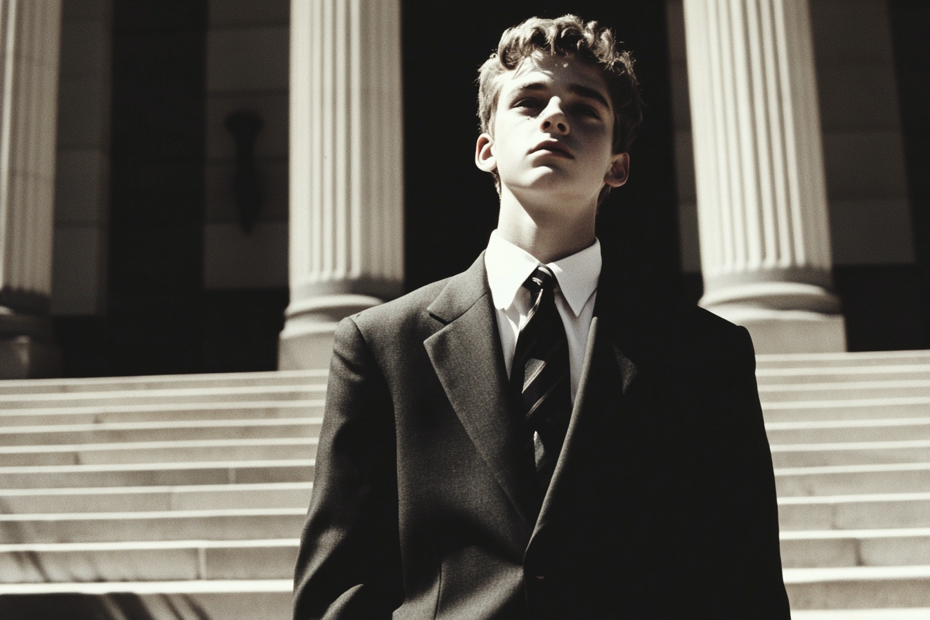 A young man standing on courthouse steps | Source: Midjourney