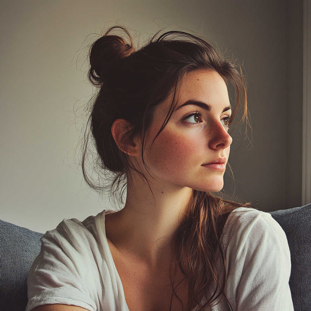 A woman sitting on a couch and looking pensive | Source: Midjourney