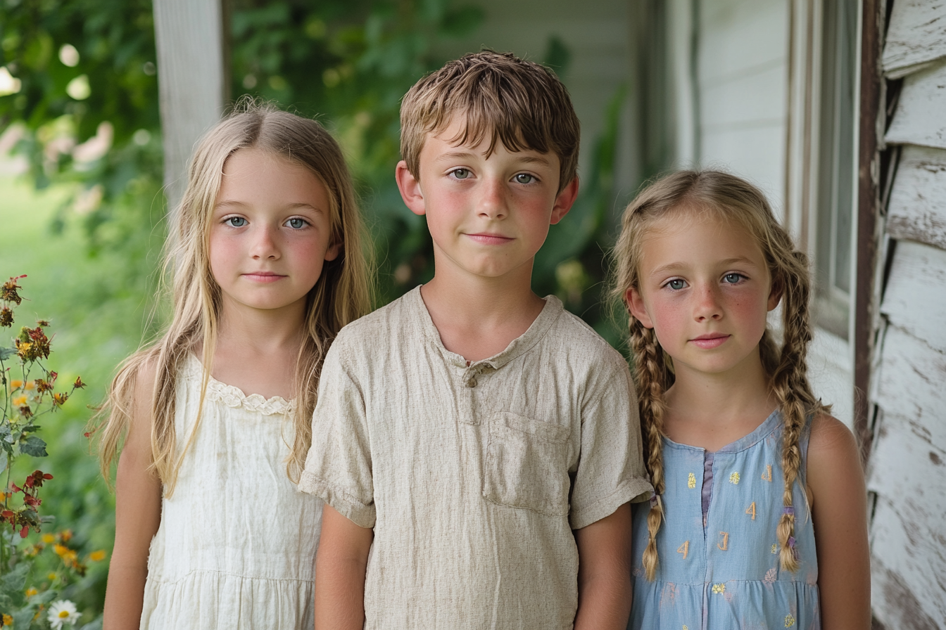 Three siblings standing on a porch | Source: Midjourney