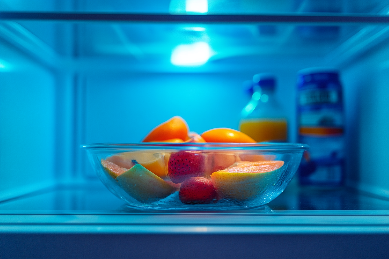 Cut up fruit in a bowl in a fridge | Source: Midjourney