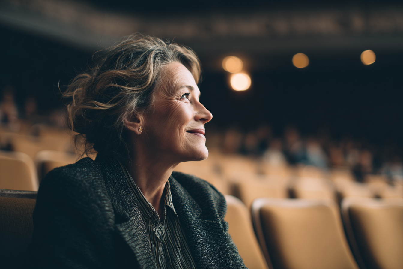 A smiling woman seated in an auditorium | Source: Midjourney