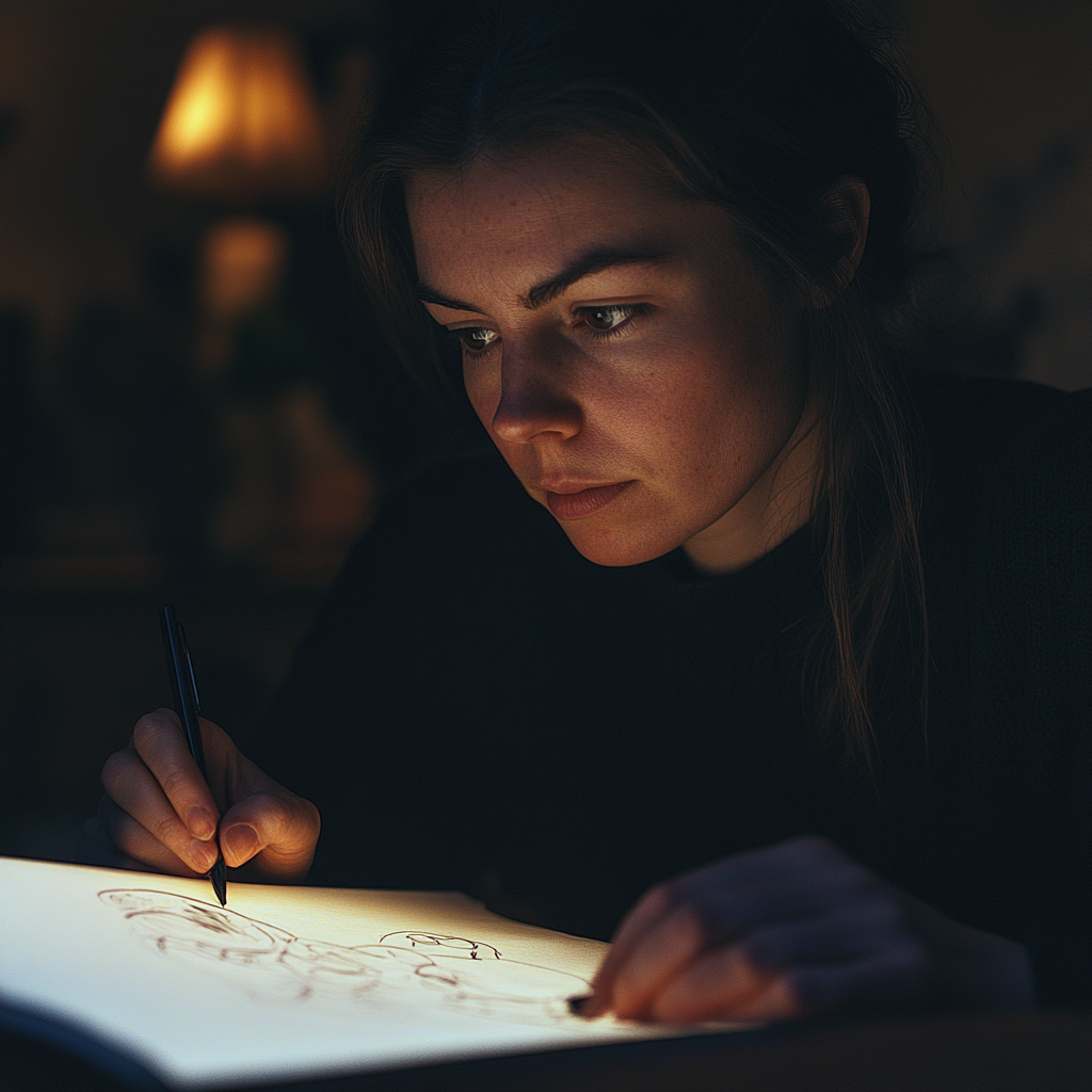 Una mujer mirando un dibujo | Fuente: Midjourney