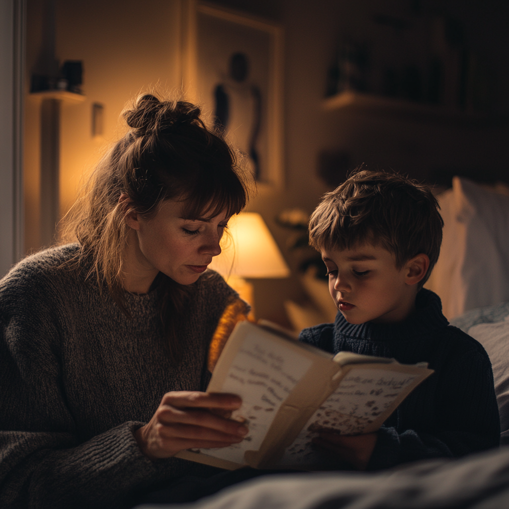 Woman narrating bedtime stories to her son | Source: Midjourney