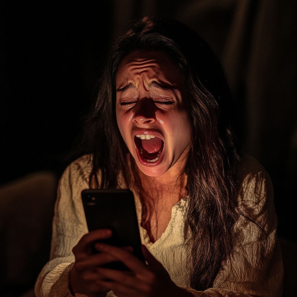 A crying woman screaming into her phone | Source: Midjourney