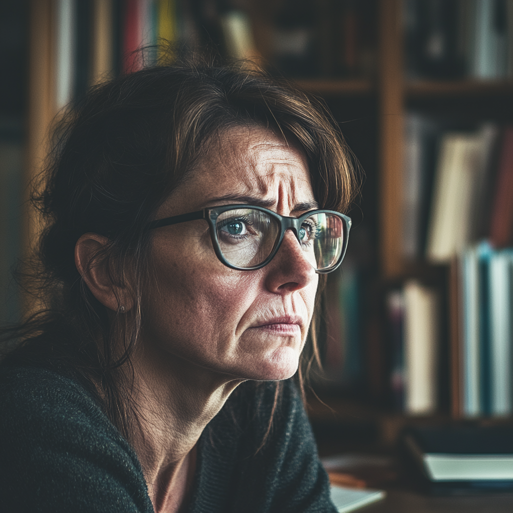 An upset woman in her home office | Source: Midjourney