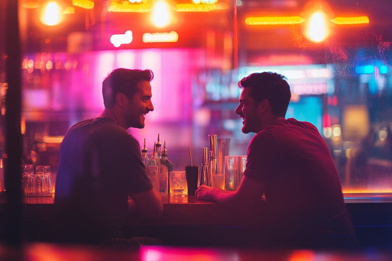 Two brothers laughing while sitting at a bar | Source: Midjourney