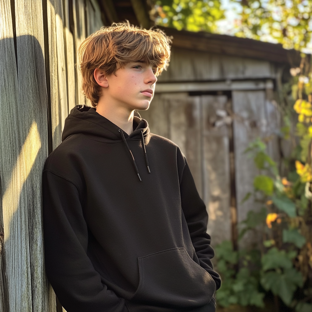 A teenage boy leaning against a shed | Source: Midjourney