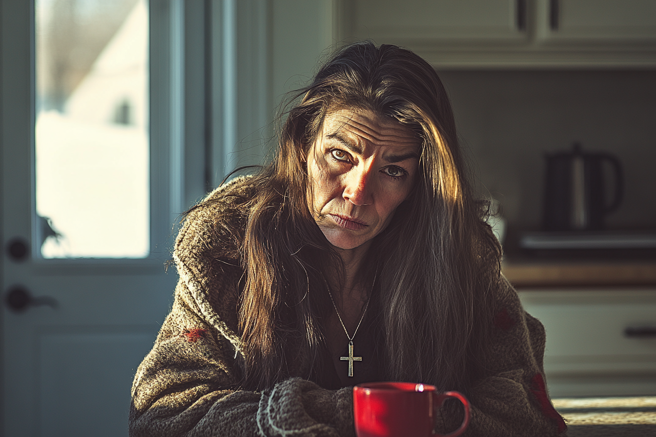 A woman in her 60s sitting sadly at a kitchen table with a cup of tea | Source: Midjourney