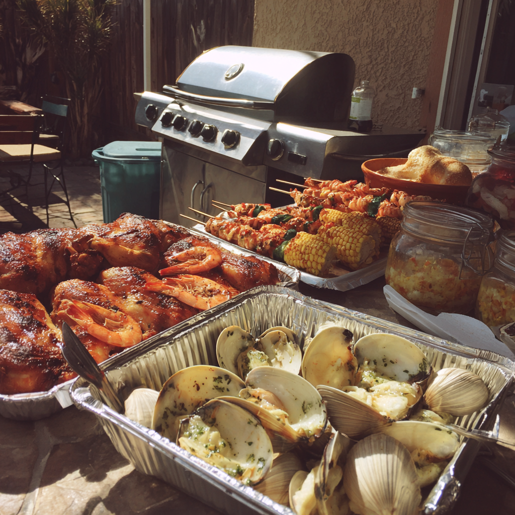 Food in silver containers on a table | Source: Midjourney