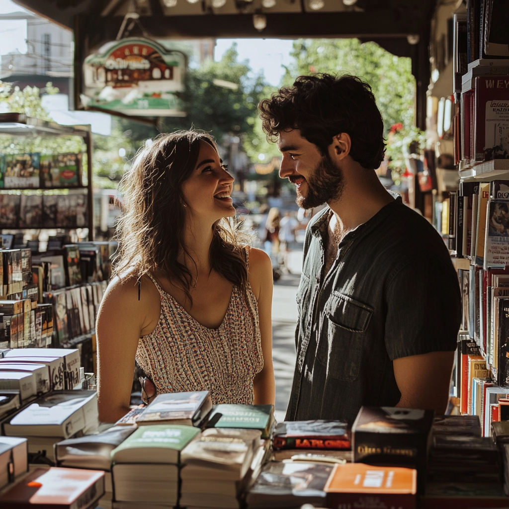 Couple heureux se regardant dans les yeux | Source : Midjourney