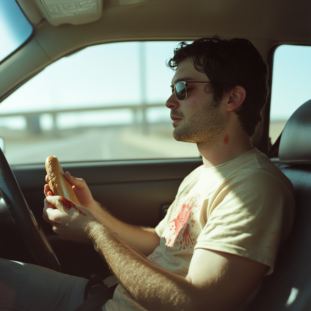 A man in a stained shirt holding a hotdog | Source: Midjourney