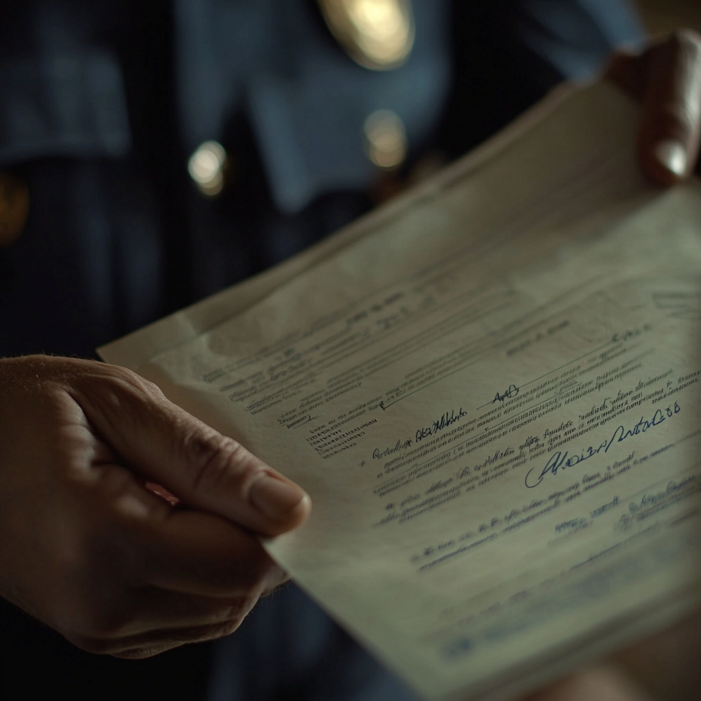 A police officer holding a document | Source: Midjourney