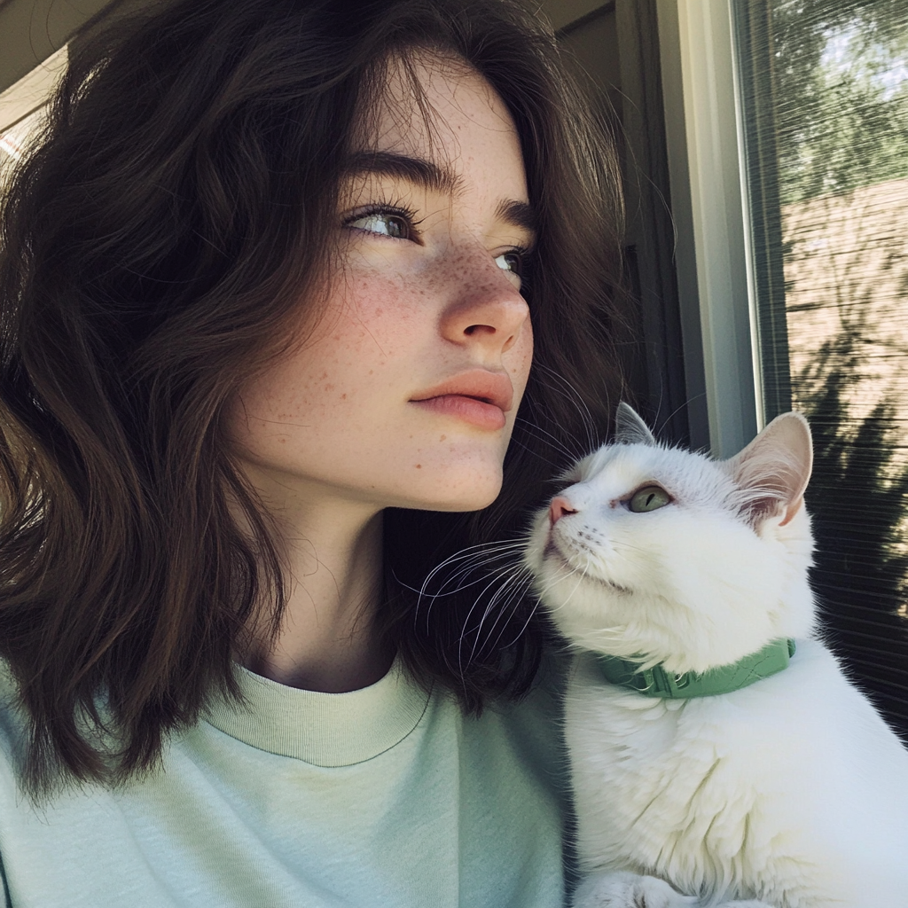 A teenage girl sitting with her cat | Source: Midjourney