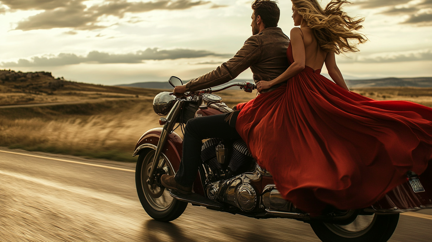 Woman in red dress sitting on backseat of the motorbike | Source: Midjourney