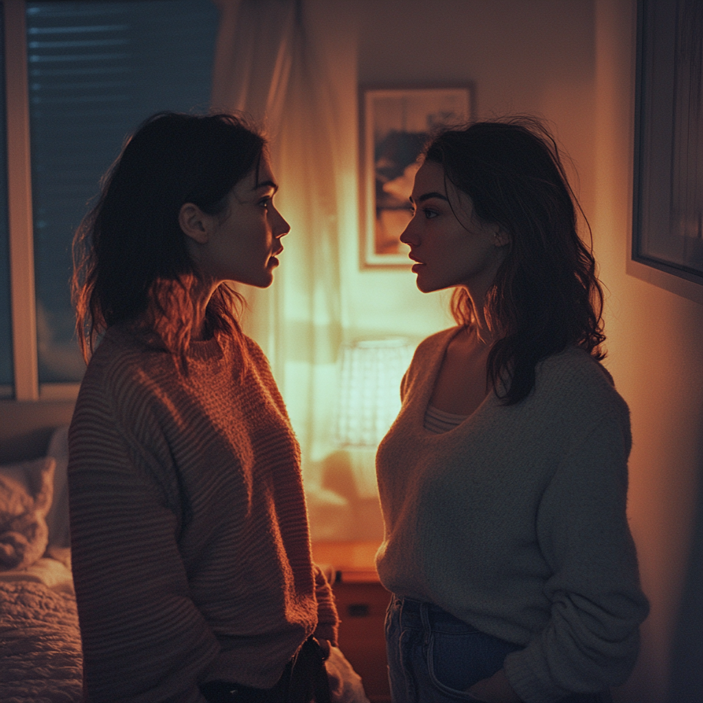 Two sisters talking in their bedroom | Source: Midjourney