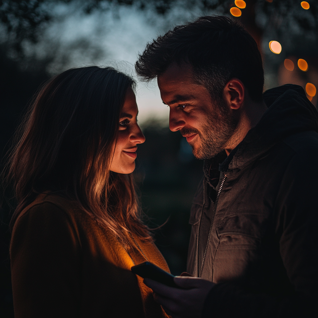 A husband holding his phone while talking to his wife | Source: Midjourney