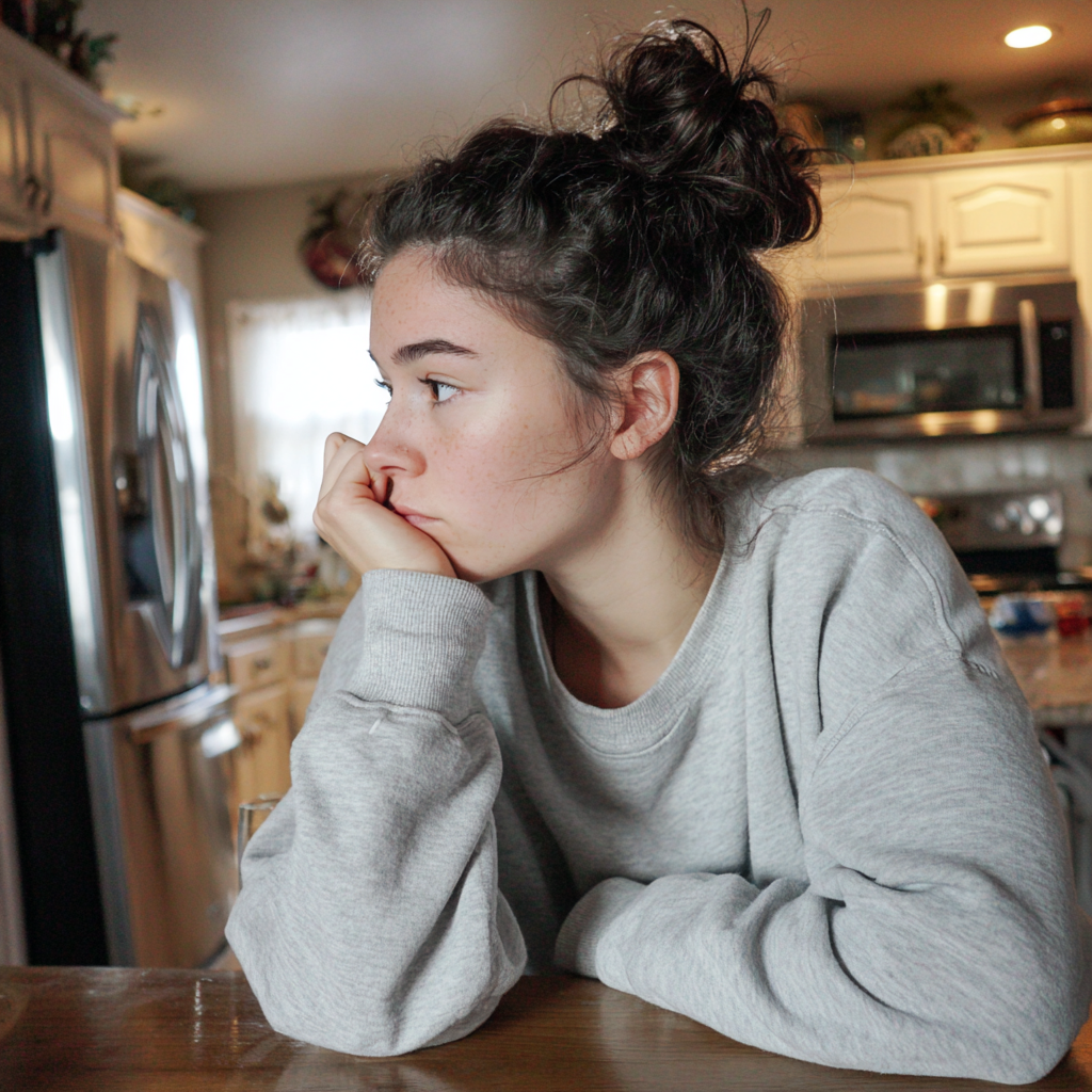 A young woman sitting at a kitchen counter | Source: Midjourney