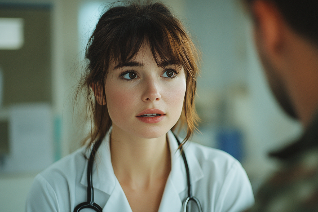 A concerned female doctor talking to a military officer | Source: Midjourney