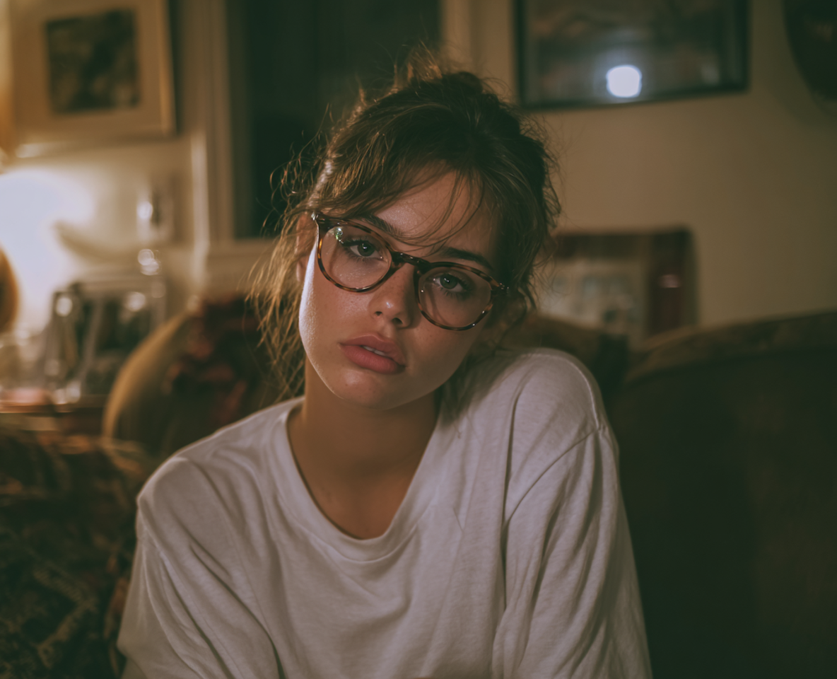 An upset woman sitting in a living room | Source: Midjourney