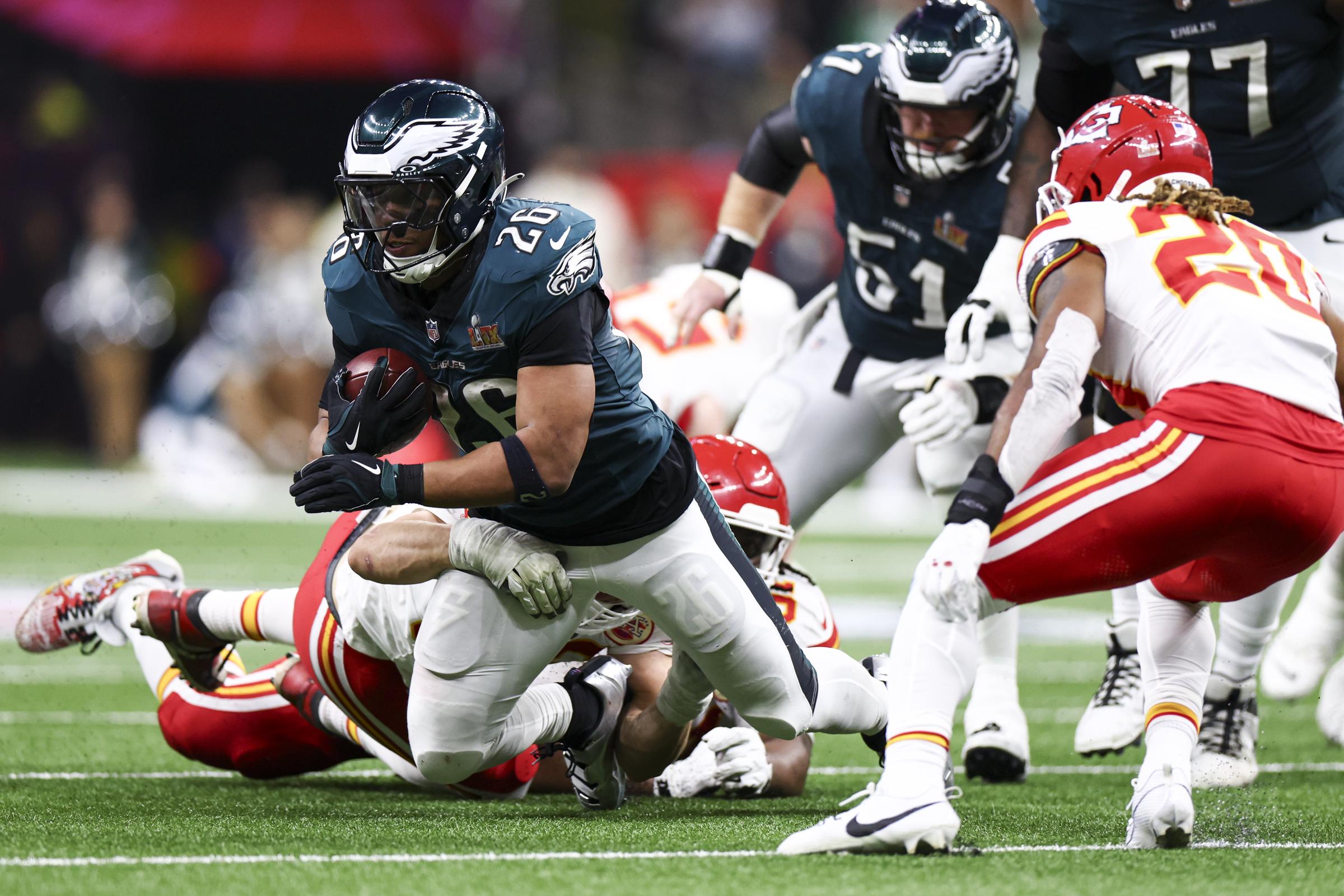 Saquon Barkley of the Philadelphia Eagles carrying the ball against the Kansas City Chiefs in the second half during Super Bowl LIX on February 9, 2025. | Source: Getty Images