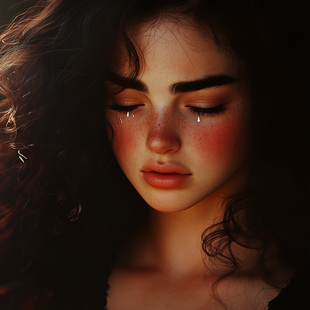 A teary-eyed woman | Source: Midjourney