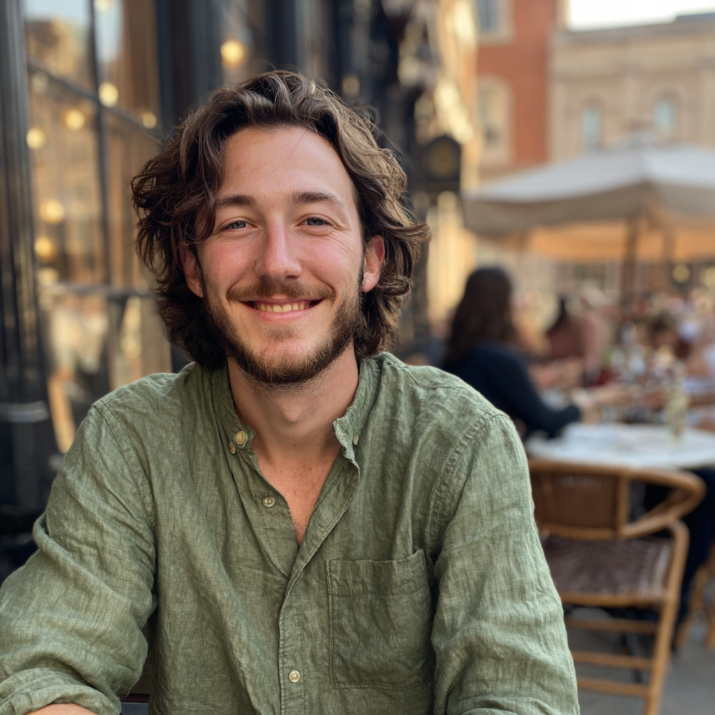 A smiling man sitting at a coffee shop | Source: Midjourney