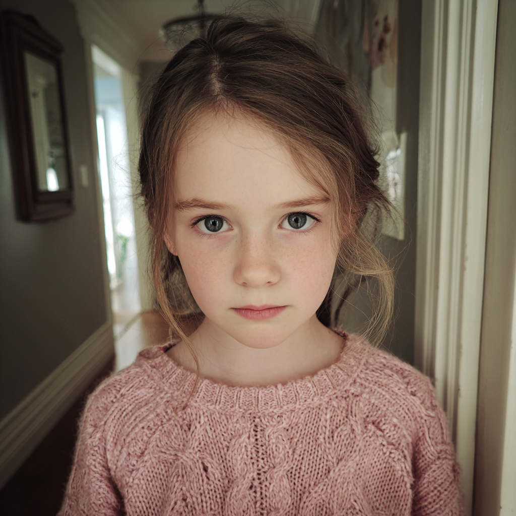 A close up of a little girl in a pink sweater | Source: Midjourney
