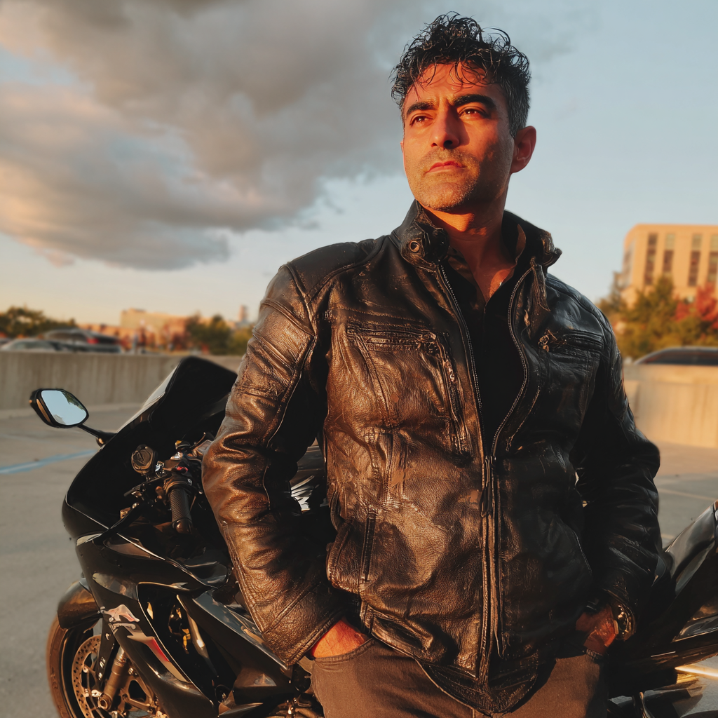 A man standing next to a motorcycle | Source: Midjourney