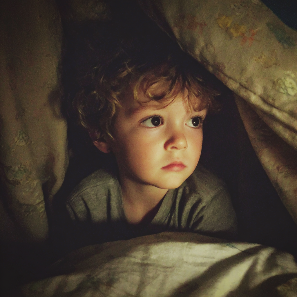 A scared little boy wrapped under his covers | Source: Midjourney