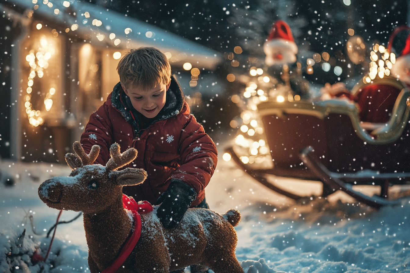 Boy in a snowy yard touching a plastic reindeer | Source: Midjourney