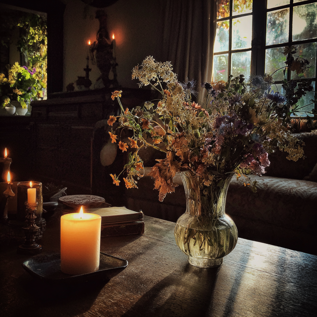 Candles and a vase of flowers on a coffee table | Source: Midjourney