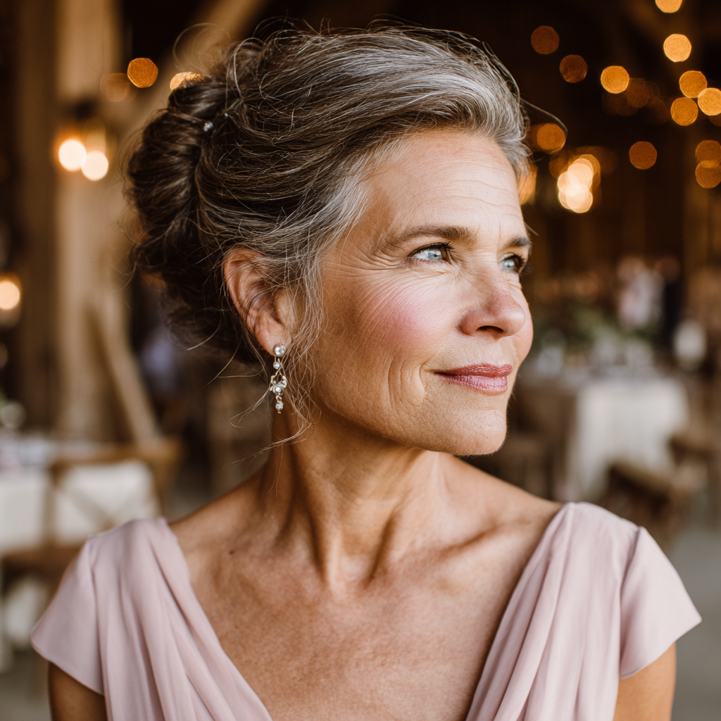 A smiling older woman at a wedding wearing a pink dress | Source: Midjourney