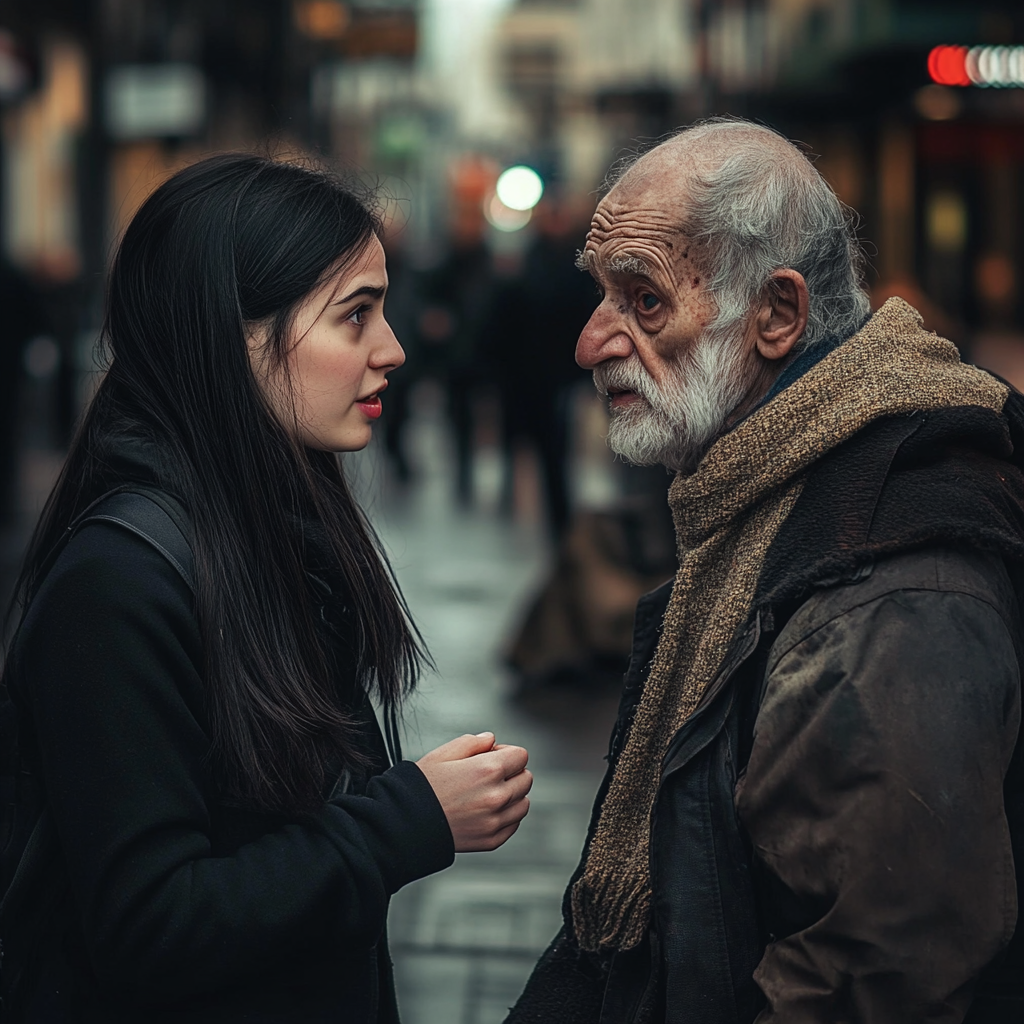 A woman talking to a homeless man | Source: Midjourney