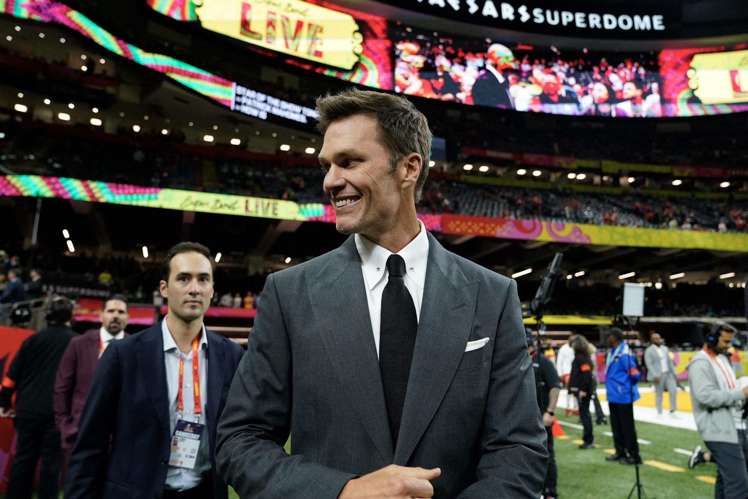 Tom Brady smiling ahead of the game between the Philadelphia Eagles and the Kansas City Chiefs. | Source: Getty Images